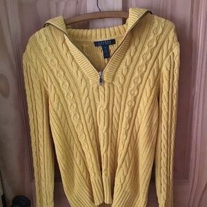 Ralph Lauren canary yellow cotton cable knit sweater medium zip up collar